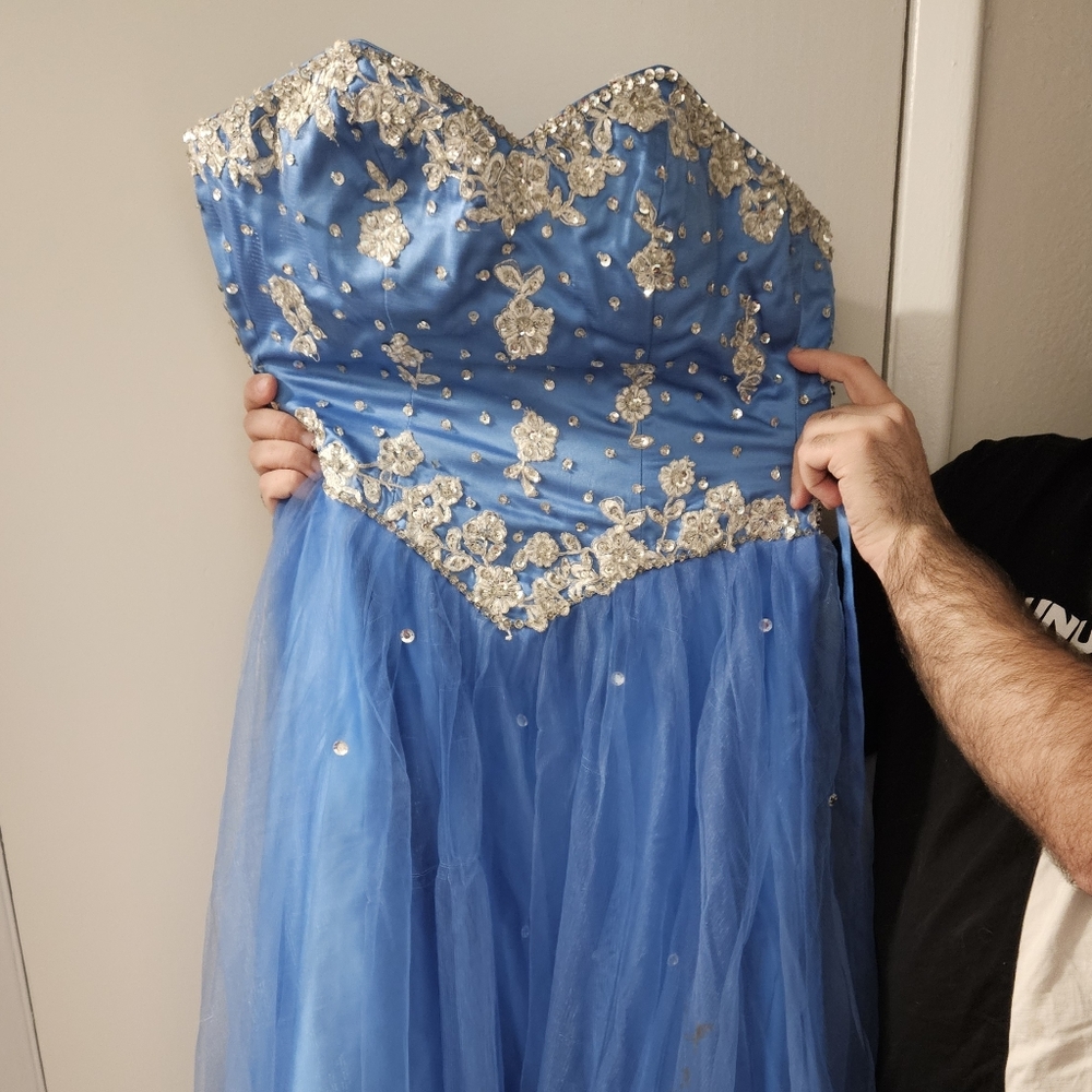 blue prom dress,  rhinestones, corset